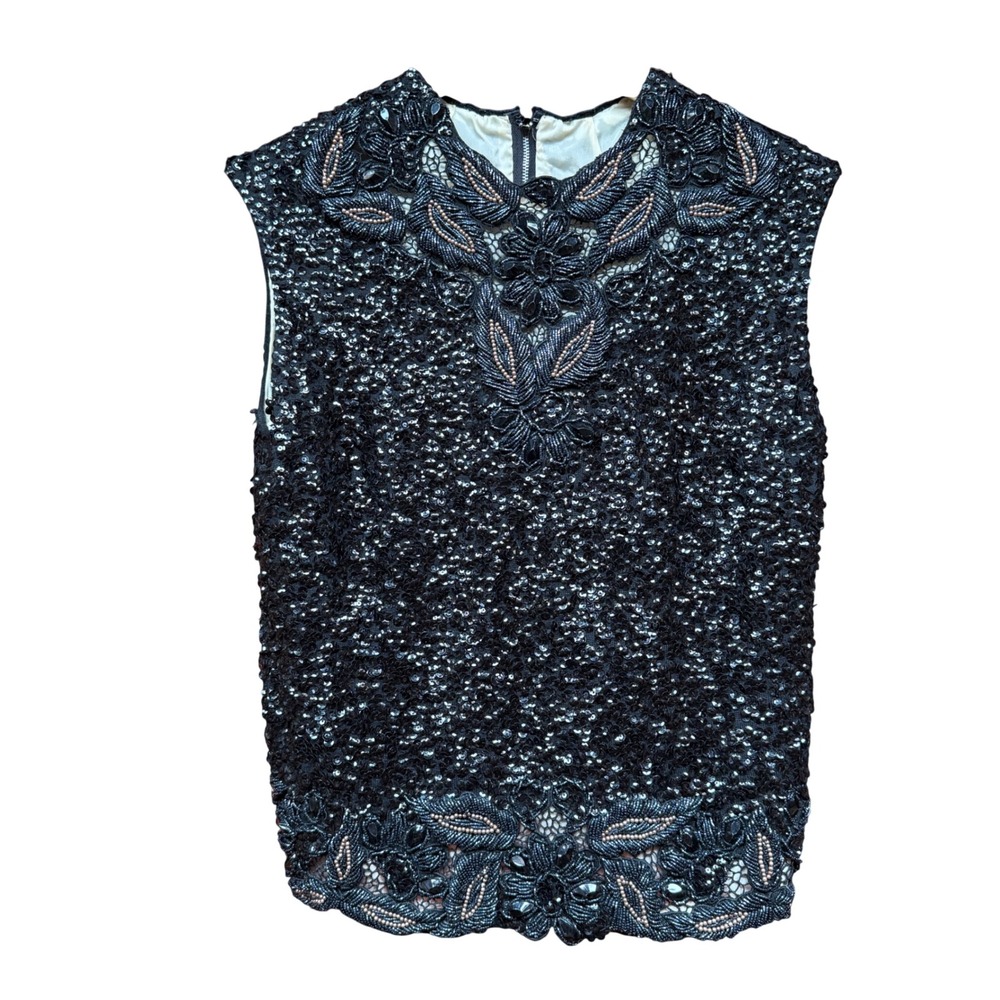 Vintage‎ Sequin Beaded Top Women L Black Floral Evening Shell Vest